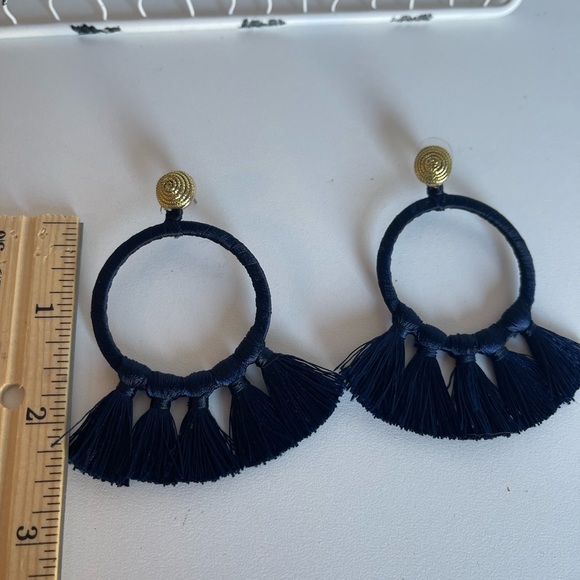 Navy Blue Fringe Wrapped Drop Earrings with Gold Post - Picture 5 of 5